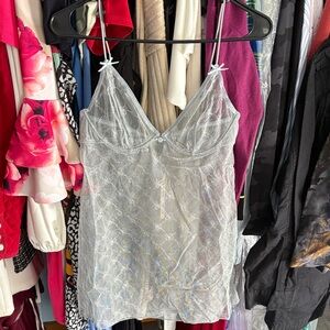 NWT SKIMS Underwire Bow Tulle Slip Dress Mercury Sheer Lace Lingerie Size S